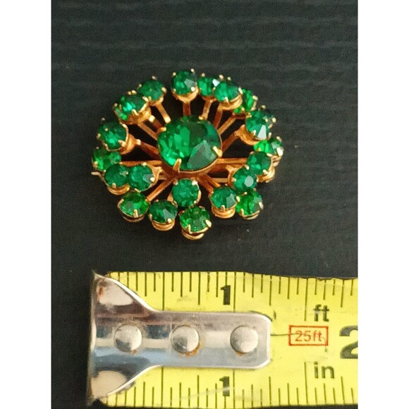 Eisenberg RARE Block E Stamp Green Rhinestone Gold Tone Brooch 1942-1945